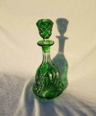 Vintage Czech / Bohemian Emerald Green Cut To Clear Art Glass Decanter 13 " Tall