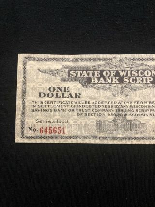1933 State Of Wisconsin One Dollar Bank Scrip Note 2