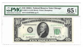 1950a $10 Chicago Frn,  Pmg Gem Uncirculated 65 Epq Banknote,  G/d Block
