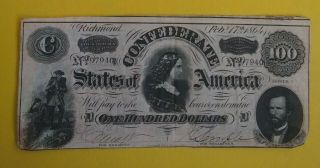 1864 Confederate States Of America $100 Note Feb.  17th 1864 No.  97940