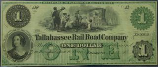One Dollar $1 Tallahassee Rail Road Company Obsolete Remainder Banknote - Au,  "