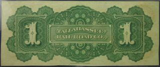 One Dollar $1 Tallahassee Rail Road Company Obsolete Remainder Banknote - AU,  