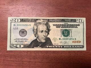 2013 Twenty Dollar Banknote $20 Ultra Low Fancy Serial Number 00000254