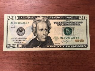 2013 Twenty Dollar Banknote $20 Ultra Low Fancy Serial Number 00000254 3