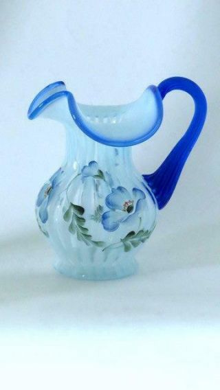 Fenton Hp French Opalescent Rib Optic Jug Or Pitcher With Cobalt Crest & Handle