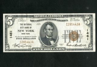 Us Paper Money 1929 $5 National City Bank Ny Charter 1461