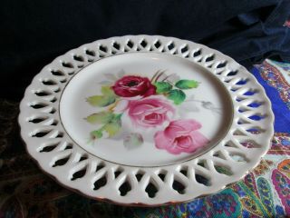 Vintage Hand Painted Japan Pink Roses Decorative Plate Lace Edge 8.  25 "