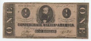 1863 Confederate States $1 Note Cs - 62 [y5633]