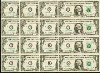 4 Uncut Sheets Of 4 $1 One Dollar Bills Paper Money Currency 1981 Richmond E