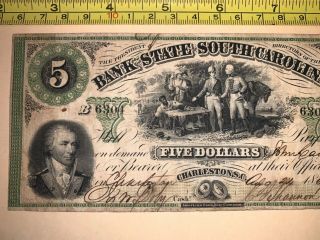 BANK OF SOUTH CAROLINA 1861 CIVIL WAR BANKNOTE CURRENCY FIVE DOLLARS SC USA US 2