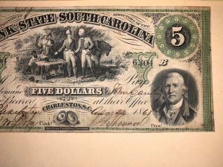 BANK OF SOUTH CAROLINA 1861 CIVIL WAR BANKNOTE CURRENCY FIVE DOLLARS SC USA US 3