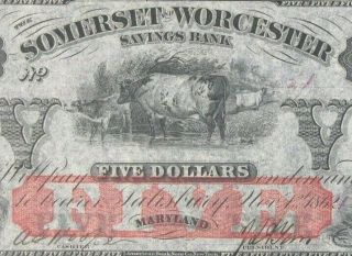 1862 $5 The Somerset And Worcester Savings Bank Maryland Obsolete Currency 2