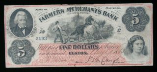 1863 $5 Farmers And Merchants Bank Cecil County Maryland Obsolete Currency