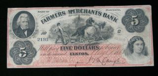 1863 $5 Farmers And Merchants Bank Cecil County Maryland Obsolete Currency 2