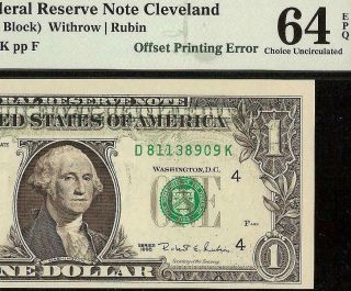 1995 $1 Dollar Bill Partial Offset Print Error Note Currency Paper Money Pmg 64