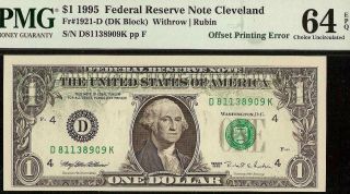 1995 $1 DOLLAR BILL PARTIAL OFFSET PRINT ERROR NOTE CURRENCY PAPER MONEY PMG 64 3