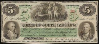 Large 1873 $5 Dollar Bill South Carolina Note Currency Old Paper Money