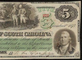 LARGE 1873 $5 DOLLAR BILL SOUTH CAROLINA NOTE CURRENCY OLD PAPER MONEY 3