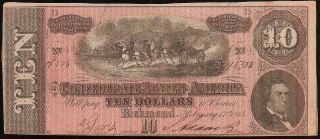1864 $10 Dollar Bill Confederate States Currency Civil War Note Old Paper Money