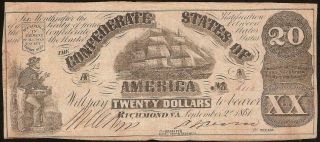 1861 $20 Dollar Confederate States Currency Civil War Ship Note Paper Money T - 18