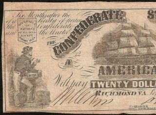 1861 $20 DOLLAR CONFEDERATE STATES CURRENCY CIVIL WAR SHIP NOTE PAPER MONEY T - 18 2