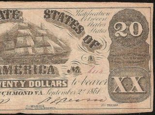 1861 $20 DOLLAR CONFEDERATE STATES CURRENCY CIVIL WAR SHIP NOTE PAPER MONEY T - 18 3