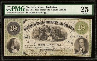 1861 $10 DOLLAR SOUTH CAROLINA BANK NOTE LARGE CURRENCY OLD PAPER MONEY PMG 25 3