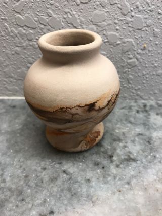 Nemadji Pottery Bud Vase 3.  75 " Tall - Orange - Brown Swirl