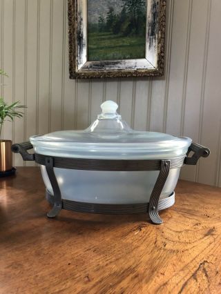 Vintage Fry Glass Opalescent Oval Covered Baking Casserole Dish With Metal Stand