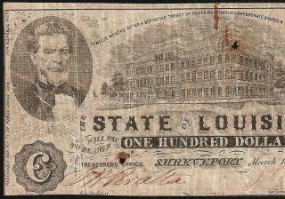1863 $100 DOLLAR BILL STATE OF LOUISIANA SHREVEPORT BANKNOTE OLD PAPER MONEY 2