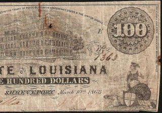 1863 $100 DOLLAR BILL STATE OF LOUISIANA SHREVEPORT BANKNOTE OLD PAPER MONEY 3