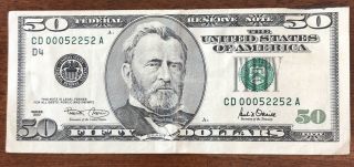 2001 $50 Fifty Dollar Bill Trinary Fancy Serial Number 00052252