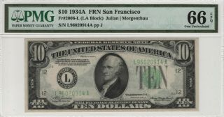 1934 A $10 Federal Reserve Note San Francisco Fr.  2006 - L Pmg Gem Unc 66 Epq (914)