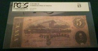 1864 T - 69 $5 The Confederate States Of America Note - Civil War Era Pcgs