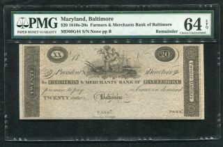 1810’s - 20’s $20 Farmers & Merchants Bank Baltimore,  Md Obsolete Pmg Unc - 64epq