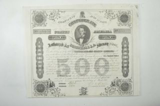 Authentic - 1863 Confederate States - Civil War $500 Bond Certificate 040