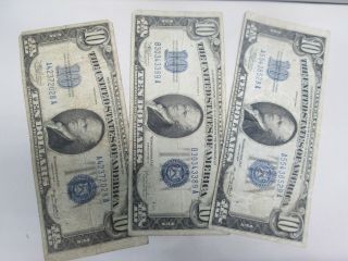 Three 1934 Us $10 Silver Certificate Notes