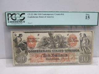 1861 Confederate States $10 Large Note - Pcgs Fine 15