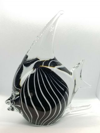 Glass Black & White Fish Figurine Large Heavy Art Glass Murano Style 7 1/2 " Tal