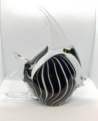 Glass Black & White Fish Figurine Large Heavy Art Glass Murano Style 7 1/2 