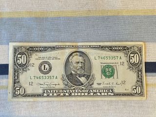 1990 Fifty Dollar Bill $50 Federal Reserve San Francisco Ca L 74653357 A
