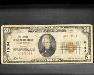 1929 $20 NATIONAL BANK NOTE ✪ NORFOLK VA ✪ VF VERY FINE L@@K NOW 302 ◢TRUSTED◣ 2