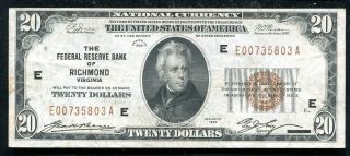 Fr.  1870 - E 1929 $20 Frbn Federal Reserve Bank Note Richmond,  Va Xf (f)