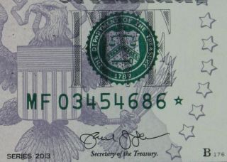 Low Print $5 2013 Gem Cu Star Federal Reserve Note Mf03454686 Five Dollar Run 2