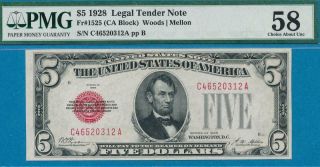 $5.  00 FR.  1525 1928 RED SEAL LEGAL TENDER PMG AU58 2