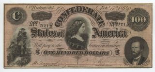 1864 Confederate States $100 Note Cs - 65 [y5648]