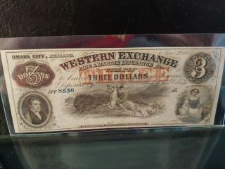 1857 $3 Western Exchange Omaha City Ne Ch.  Unc.