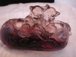 Amethyst Glass Art Glass Hand Crafted Figurine Artist Signed 2 Kittens Cats