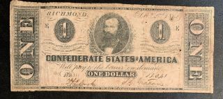 1862 $1 Us Confederate States Of America Richmond 15