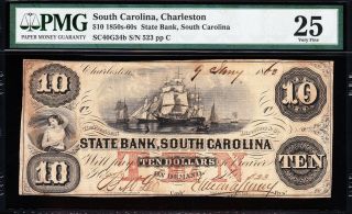 Bold VF,  1850s - 60s $10 CHARLESTON,  SC State Bank Obsolete Note PMG 25 523 2